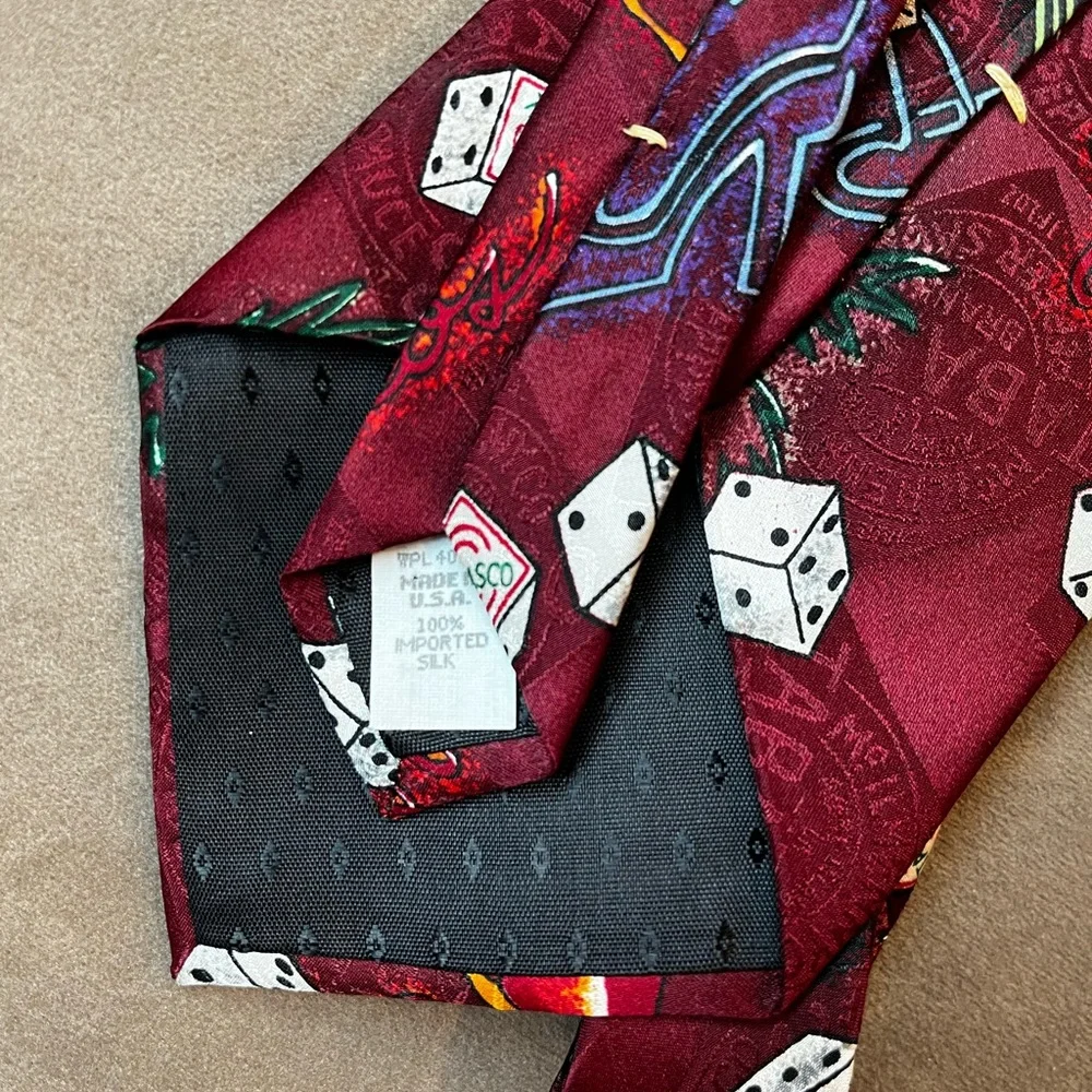 Tabasco Burgundy Silk Tie with Las Vegas Theme Dice and Cactus